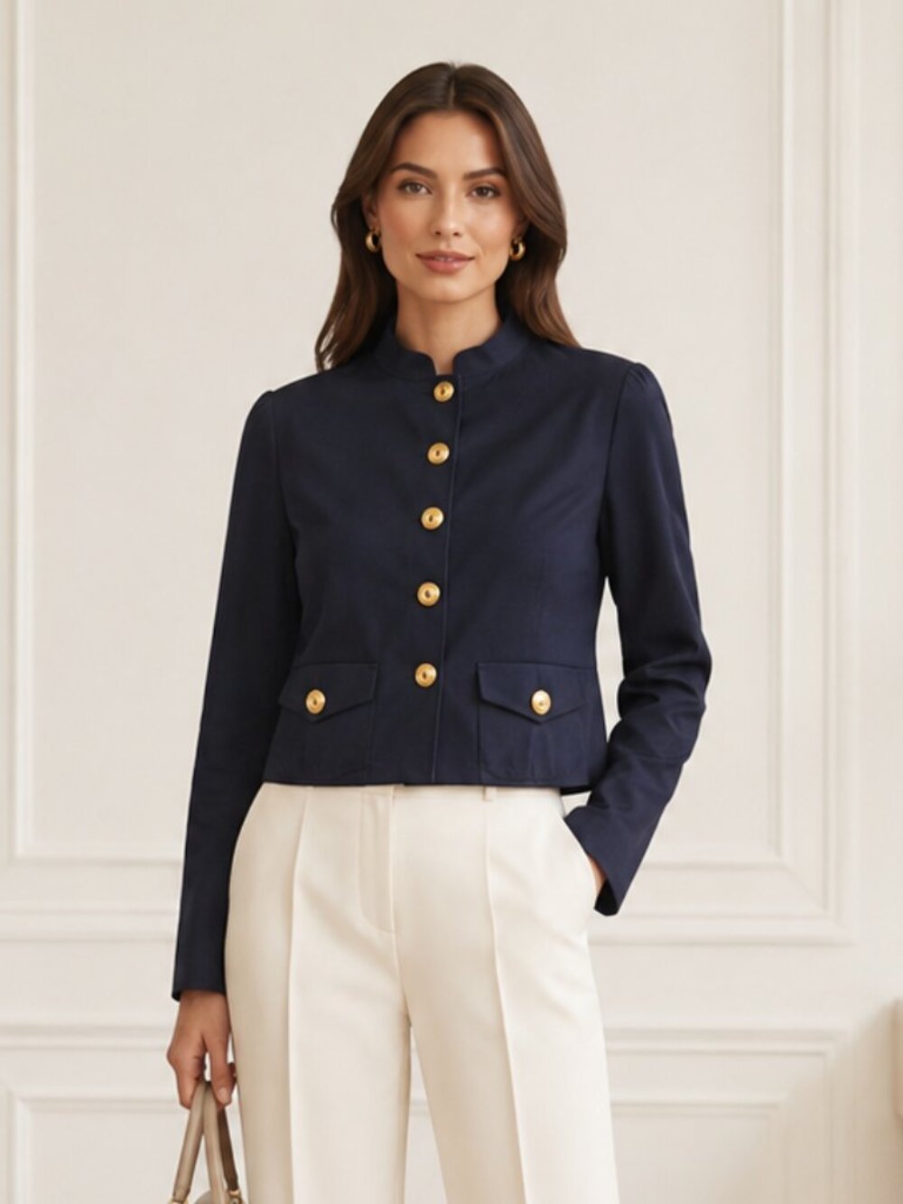INC Navy Blue Cropped Jacket Gold Button Blazer Chic Size Large